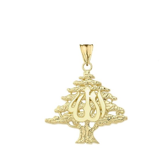 10k Yellow Gold Lebanese Cedar Tree With (ALLAH) Pendant